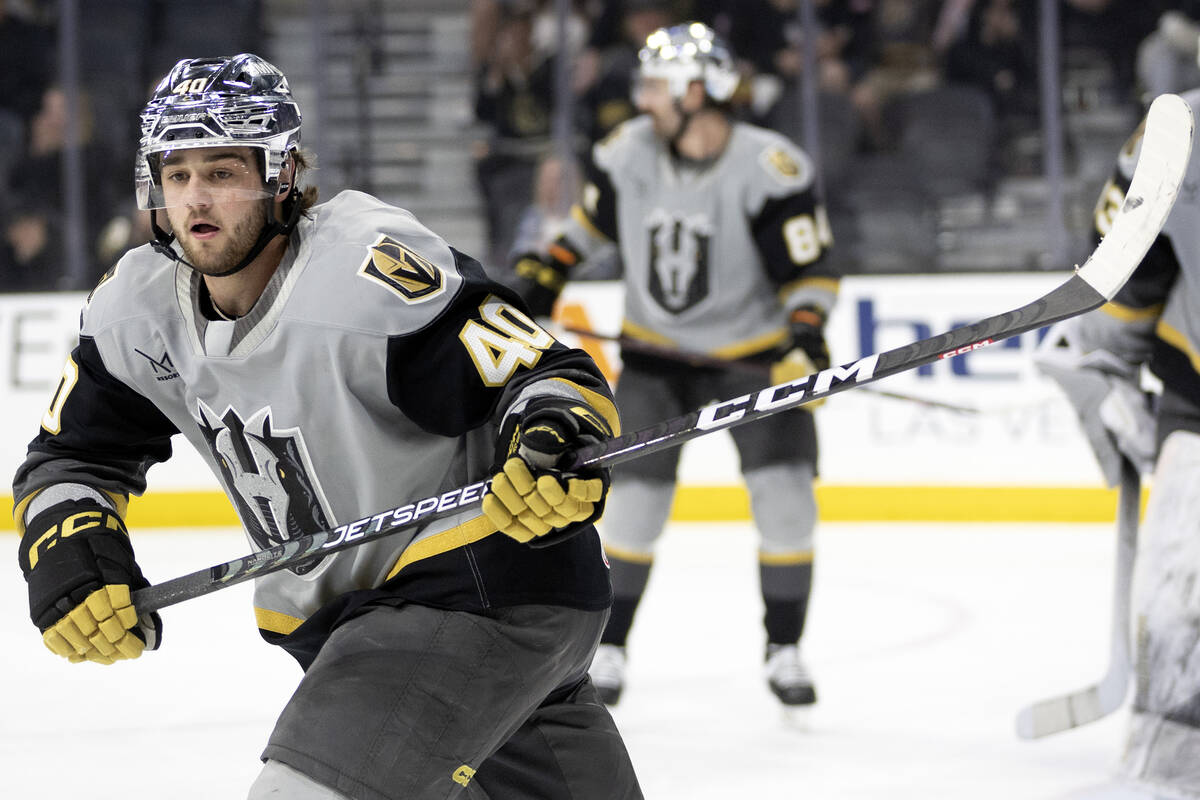 Henderson Silver Knights defenseman Lukas Cormier watches the puck during an AHL hockey game ag ...