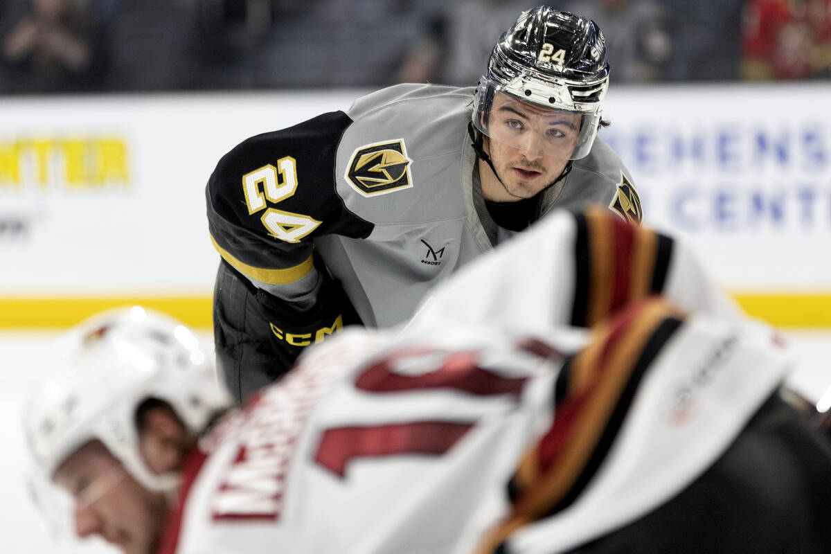 Henderson Silver Knights forward Brendan Brisson prepares for a face-off during an AHL hockey g ...