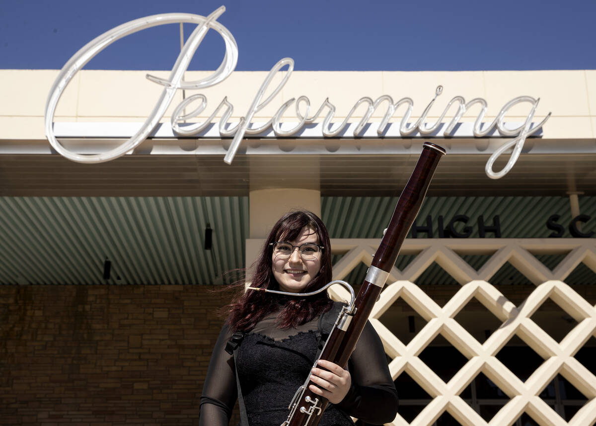 Cassandra Valenti poses with her bassoon at the Las Vegas Academy of the Arts Performing Arts C ...