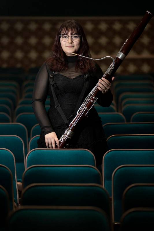 Cassandra Valenti poses with her bassoon at the Las Vegas Academy of the Arts Performing Arts C ...