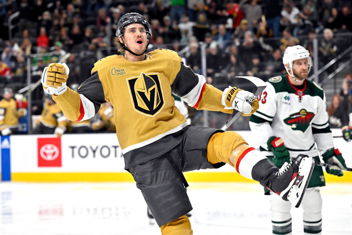 Vegas Golden Knights center Brett Howden reacts after scoring a goal against the Minnesota Wild ...