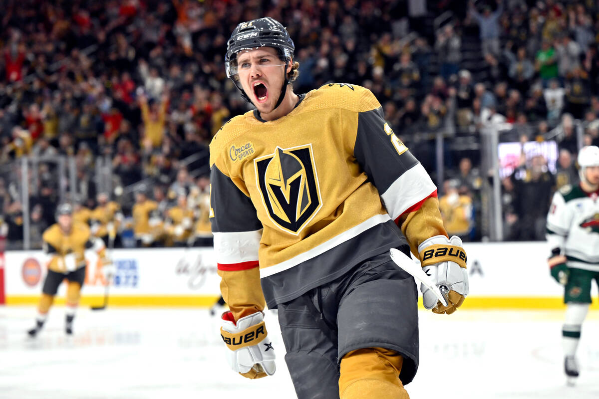 Vegas Golden Knights center Brett Howden reacts after scoring a goal against the Minnesota Wild ...