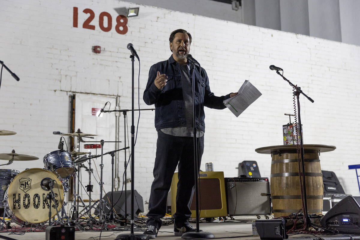 J Dapper of Dapper Companies speaks at the Huntridge Theater during an event to relight the his ...