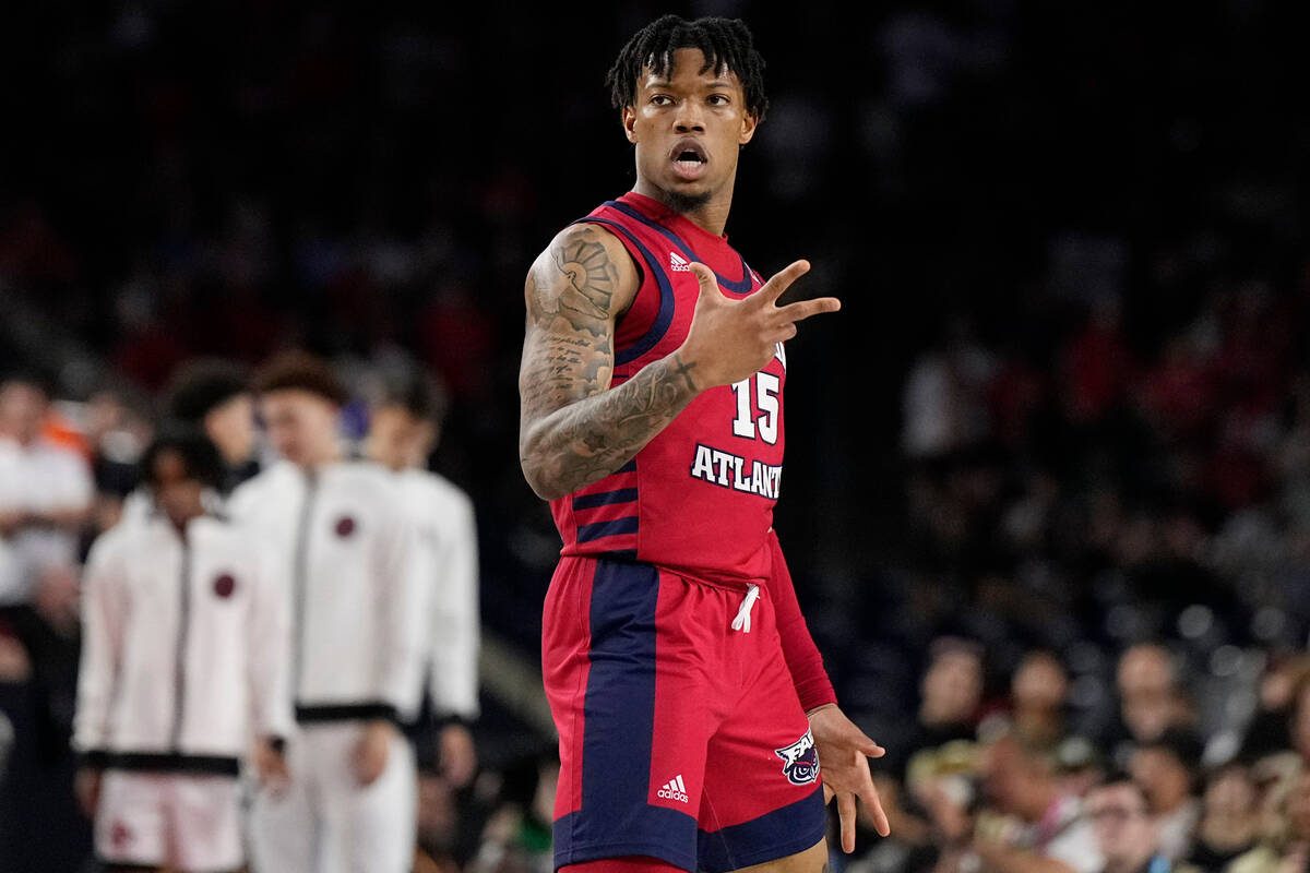 Florida Atlantic guard Alijah Martin celebrates after scoring against San Diego State during th ...