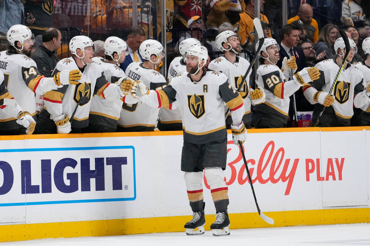 Vegas Golden Knights defenseman Alex Pietrangelo (7) celebrates his second goal against the Nas ...