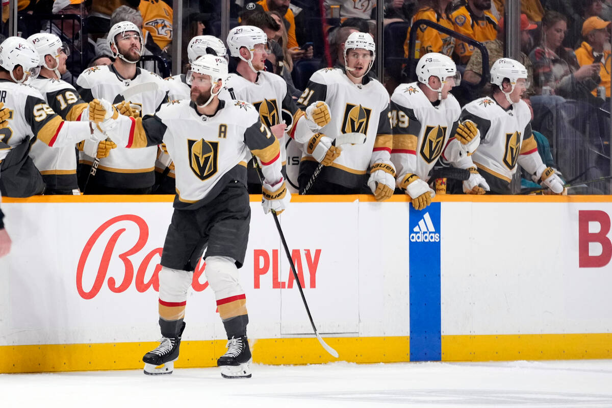 Vegas Golden Knights defenseman Alex Pietrangelo (7) is celebrates with teammates after his goa ...