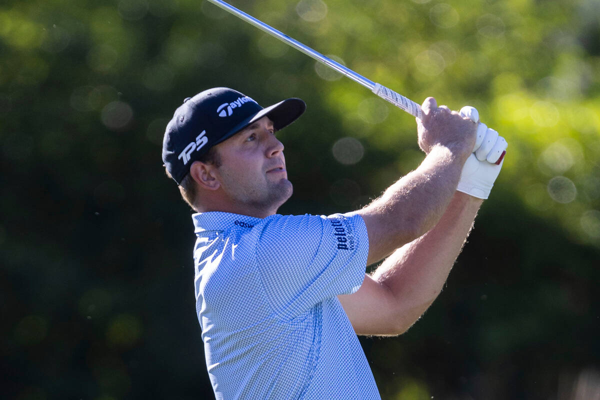 Taylor Montgomery watches his drive to the tenth green during the first round of the Shriners C ...