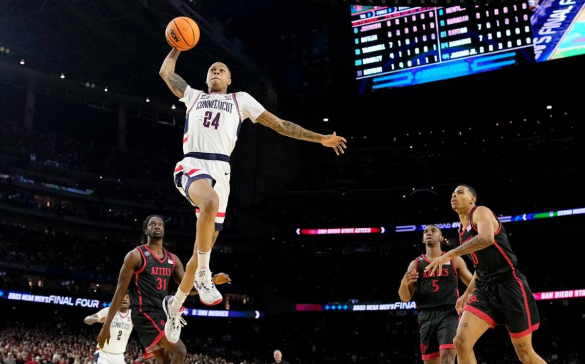 Connecticut guard Jordan Hawkins shoots against San Diego State during the second half of the m ...