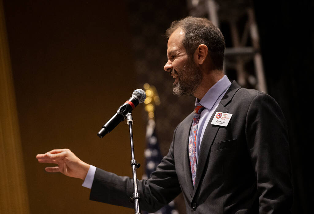 Chairman Jesse Law speaks during a meeting with members of the Clark County Republican Party at ...