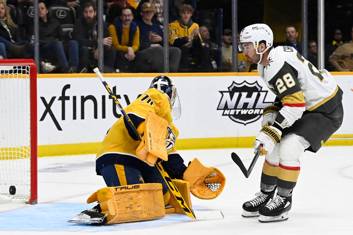 Vegas Golden Knights left wing William Carrier (28) scores a goal against Nashville Predators g ...