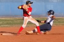 Liberty's Jaydah Chun (50), left, throws to first for a double play after forcing out Shadow Ri ...