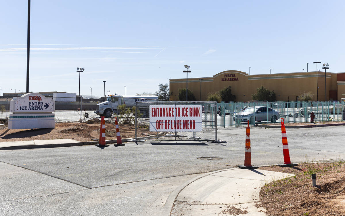 Signage for the ice rink is seen as crews work on the demolition of the Fiesta Rancho on Thursd ...