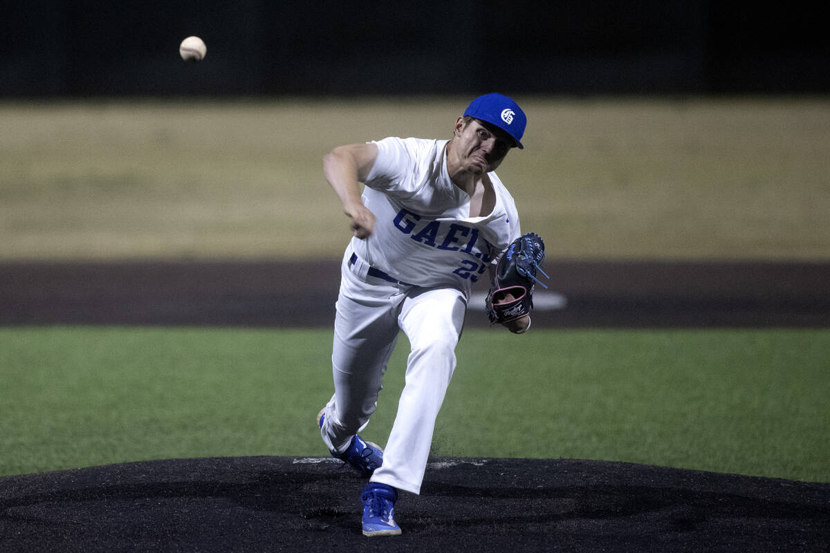 Bishop Gorman pitcher Kamdyn Perry throws to Basic during a high school baseball championship g ...