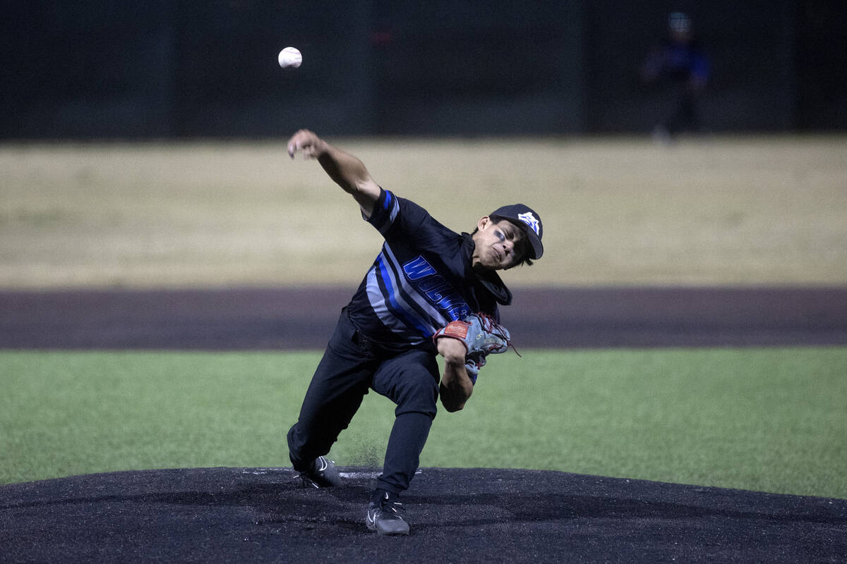 Basic pitcher Ty Southisene throws to Bishop Gorman during a high school baseball championship ...