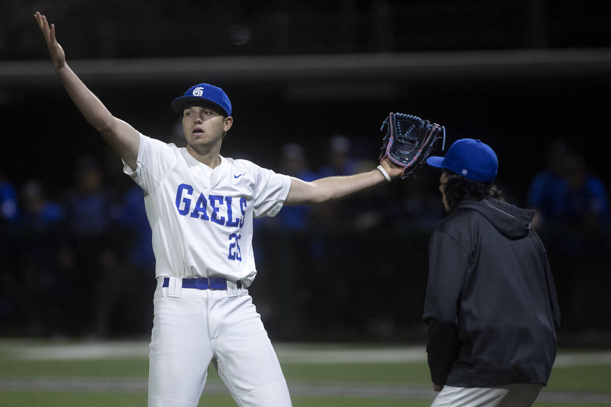 Bishop Gorman pitcher Kamdyn Perry celebrates after striking three Basic players out during a h ...