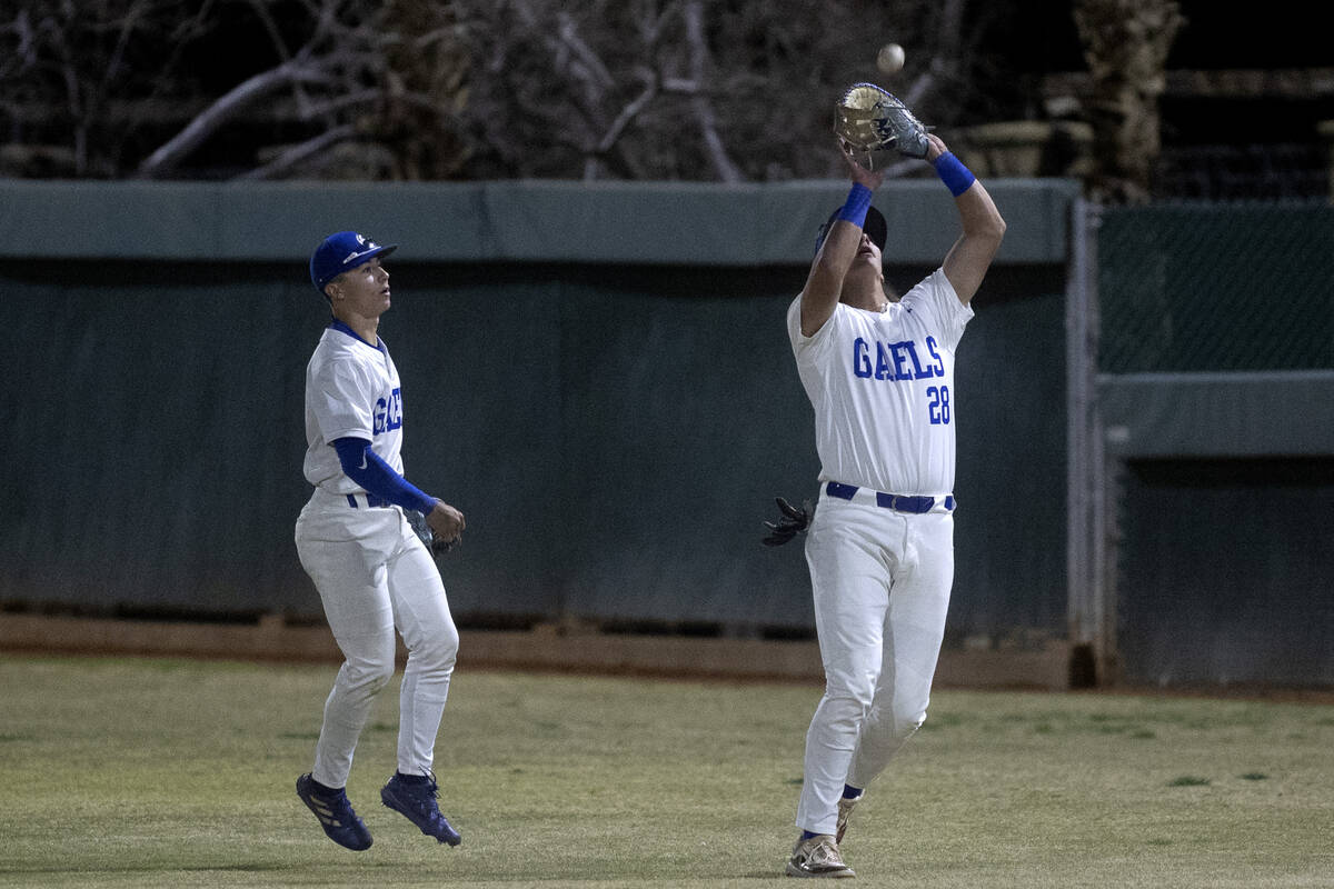 Bishop Gorman’s Easton Shelton (28) catches for an out during a high school baseball cha ...