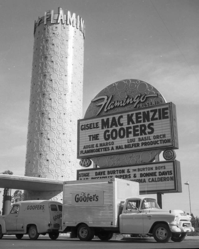 The Flamingo marquee featuring Gisele MacKenzie, The Goofers, Augie and Margo, the Lou Basil Or ...