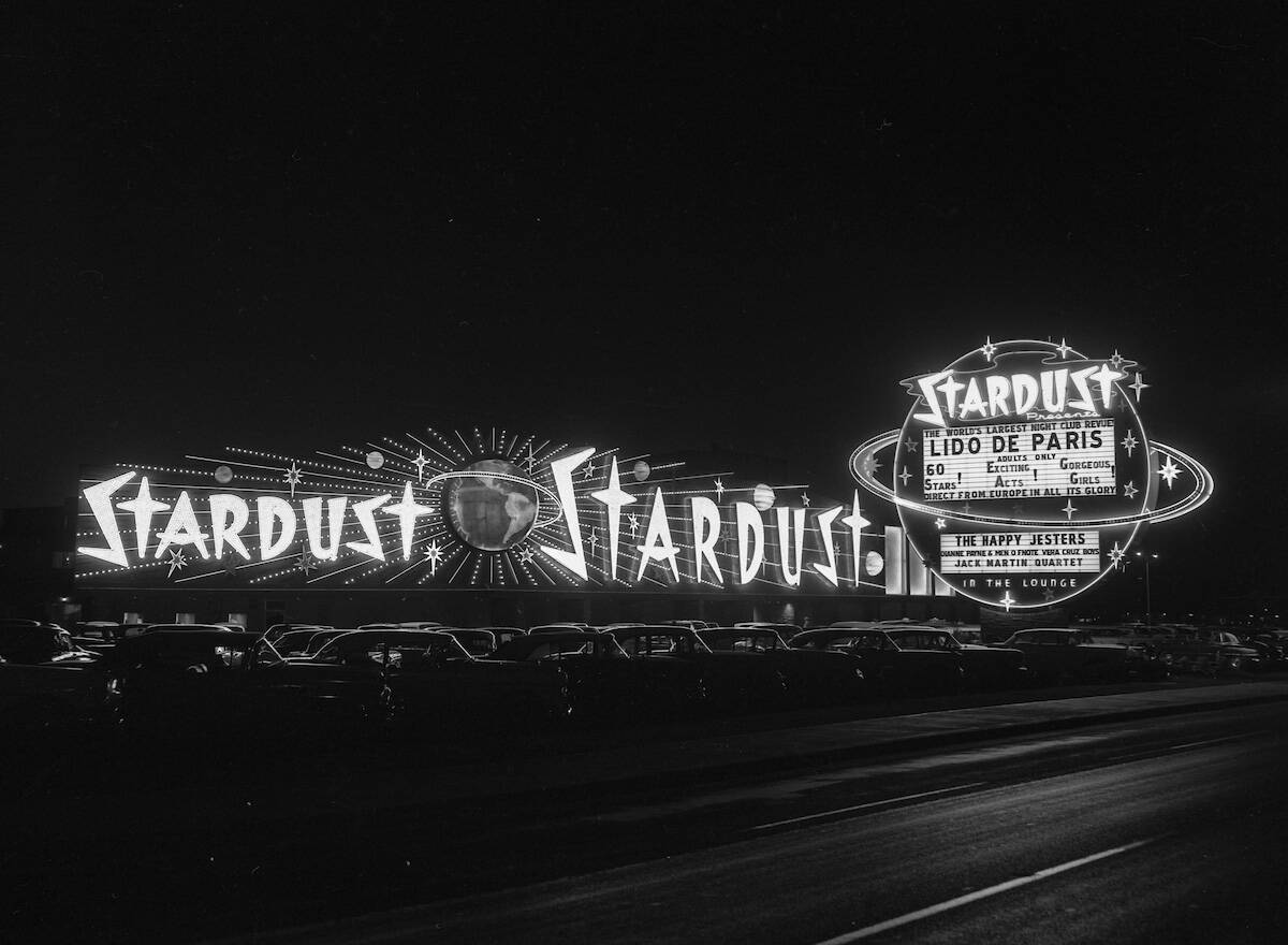 The front exterior of the Stardust and its iconic marquee, along with automobiles from the peri ...