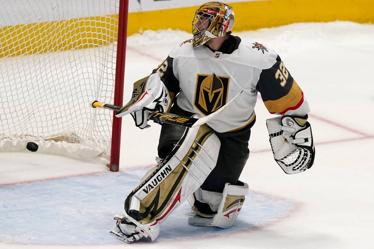 Vegas Golden Knights goaltender Jonathan Quick (32) allows a goal by Dallas Stars center Roope ...