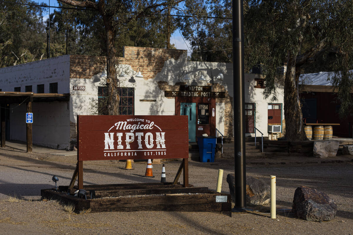 Signage for Nipton, Calif., a small desert town purchased by entertainment company Spiegelworld ...