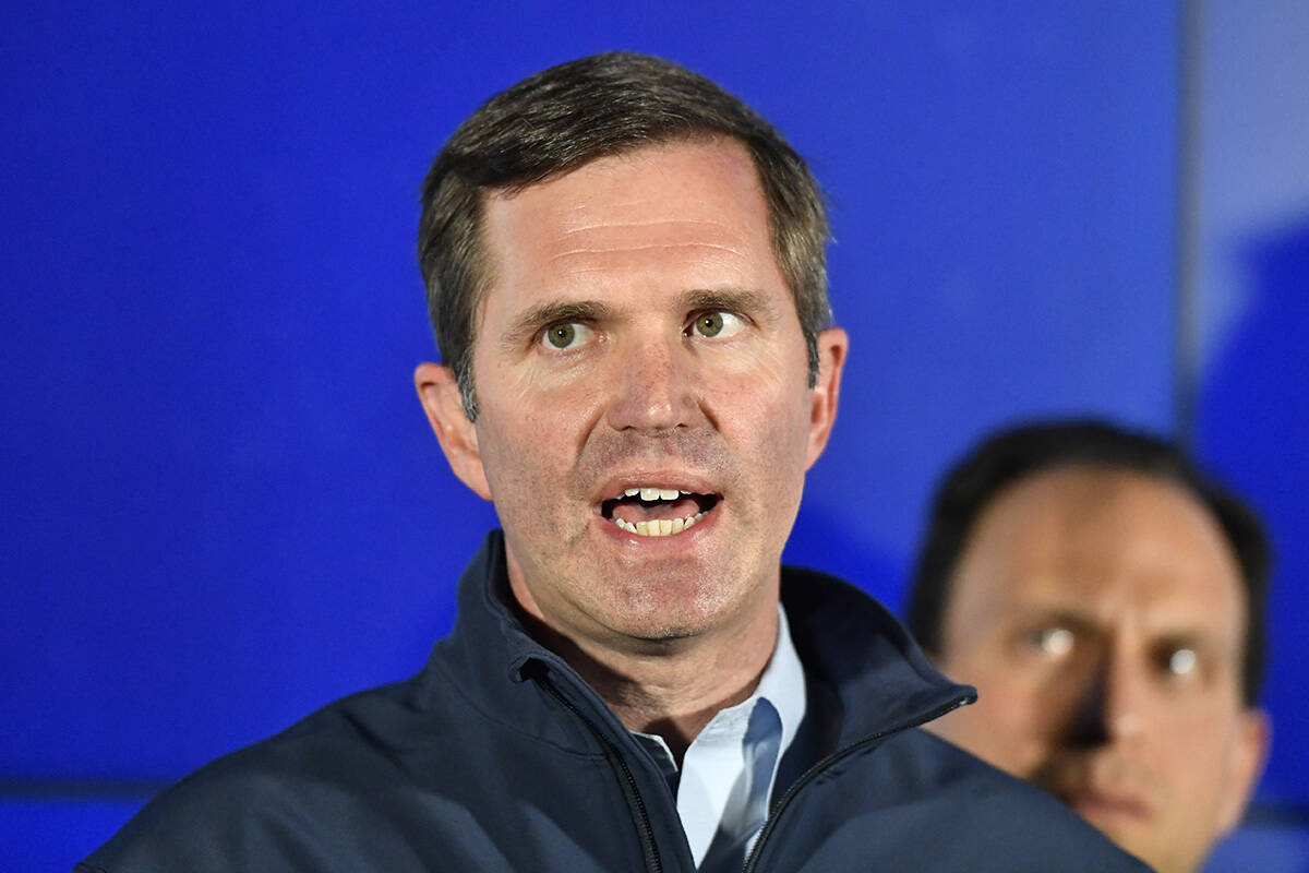 Kentucky Gov. Andy Beshear speaks during a news conference Louisville, Ky., Monday, April 10, 2 ...