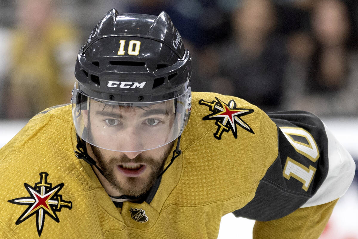 Golden Knights center Nicolas Roy (10) prepares to face off during the third period of an NHL h ...