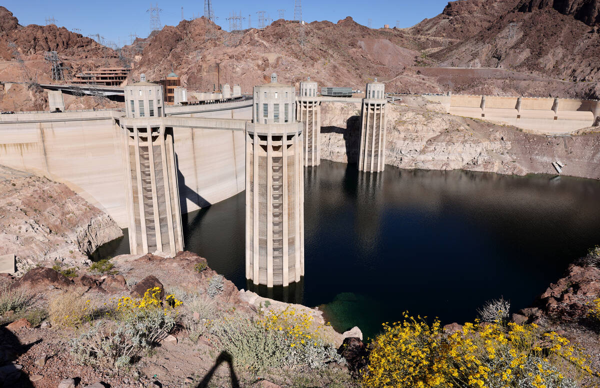 Lake Mead is shown with intake towers at Hoover Dam outside Boulder City on Tuesday, April 11, ...