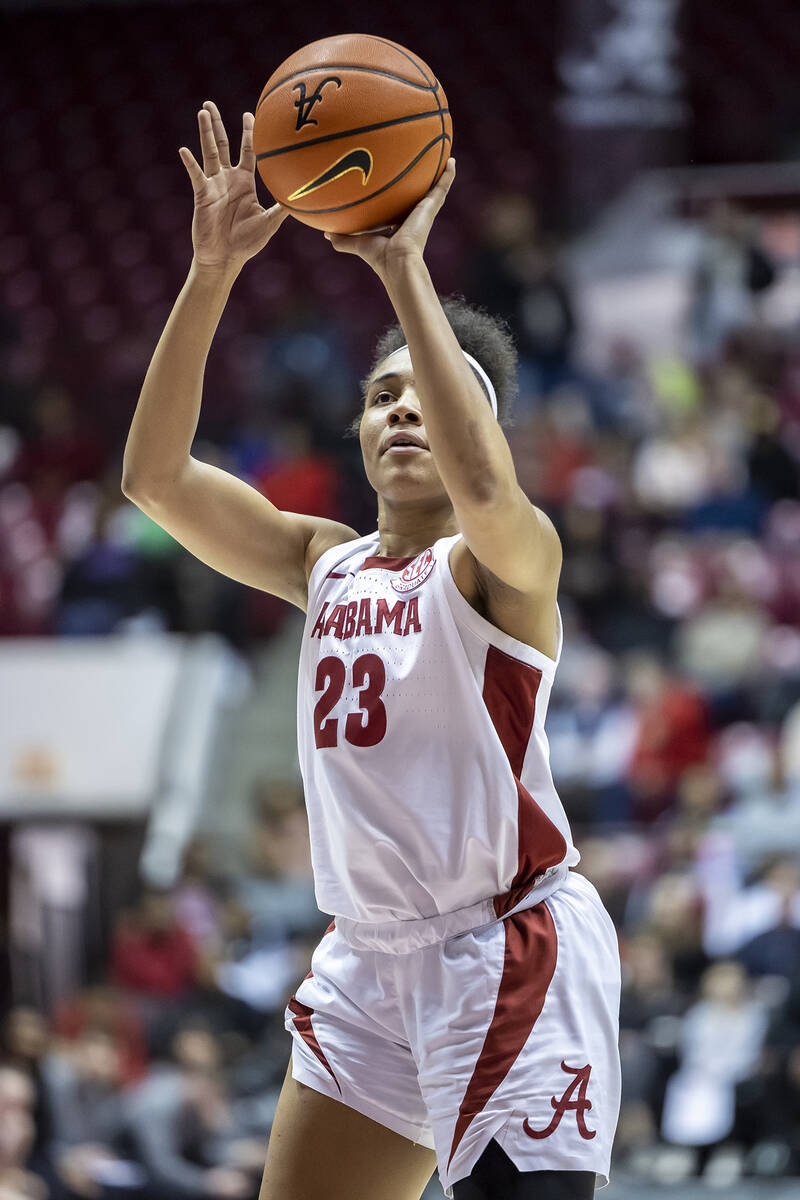 Alabama guard Brittany Davis (23) shoots a free throw during the first half of an NCAA college ...