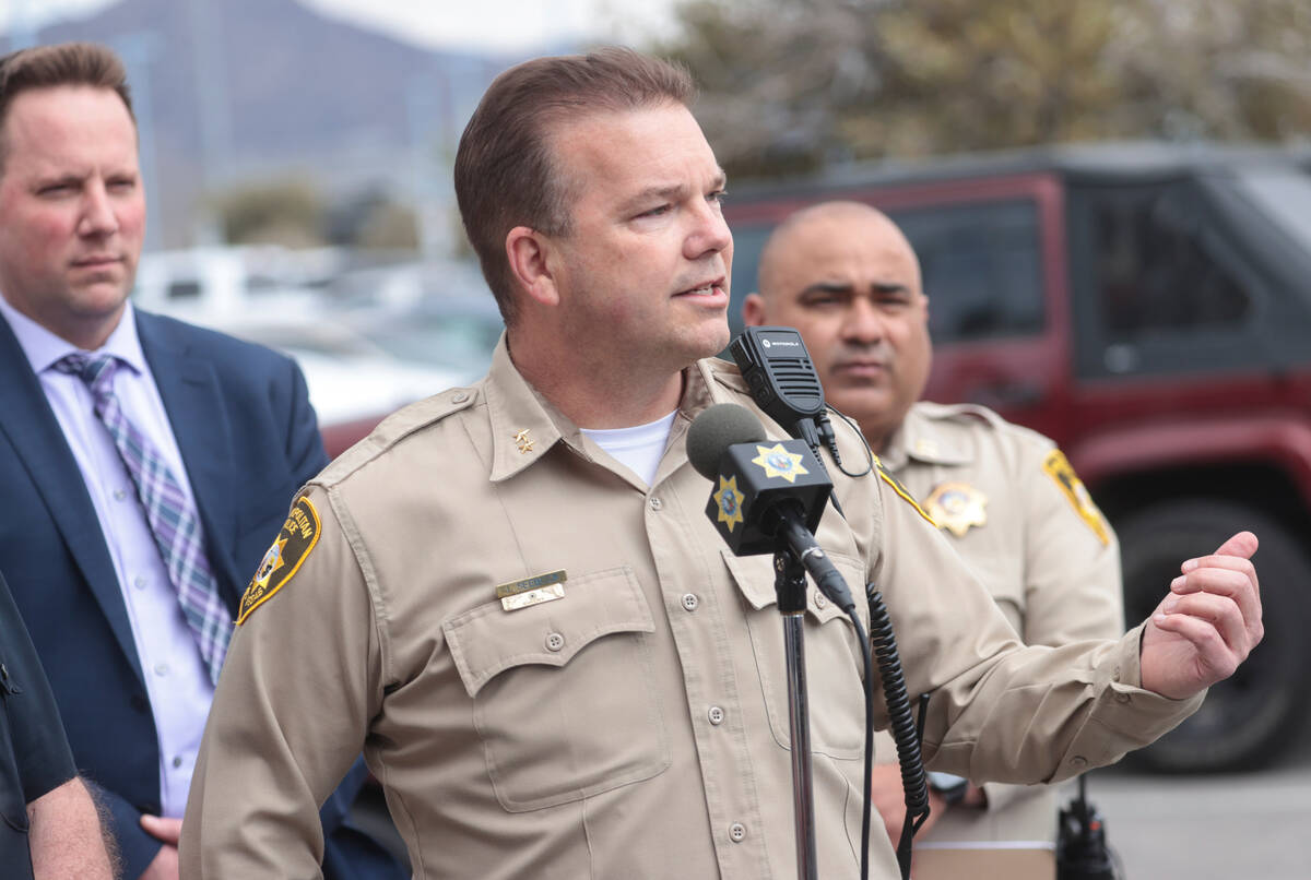 Assistant Sheriff Jim Seebock speaks outside of Shadow Ridge High School on Wednesday, March 29 ...