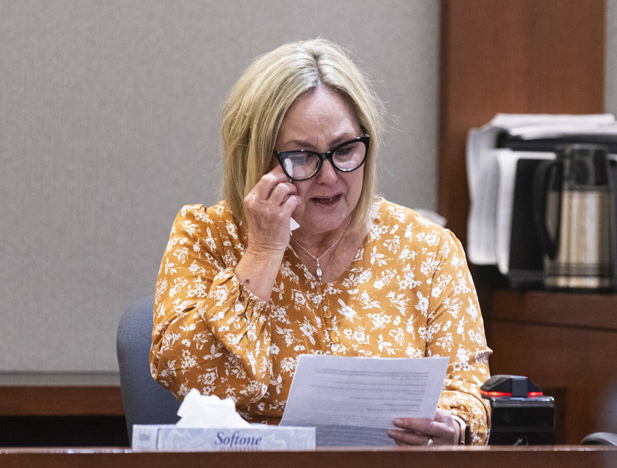 Ronda Bowman, the mother of drug overdose victim Shane Bowman, weeps as she reads her victim im ...