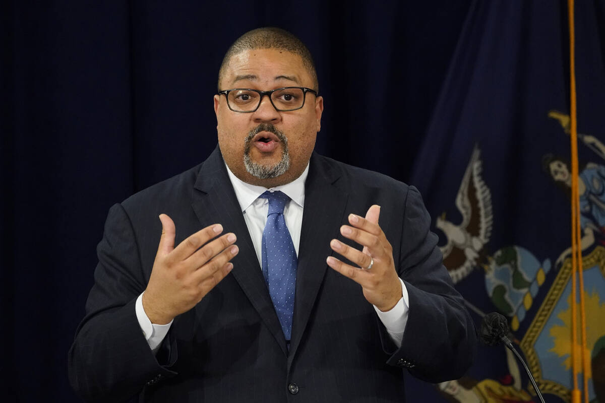 Manhattan District Attorney Alvin Bragg speaks at a press conference after the arraignment of f ...