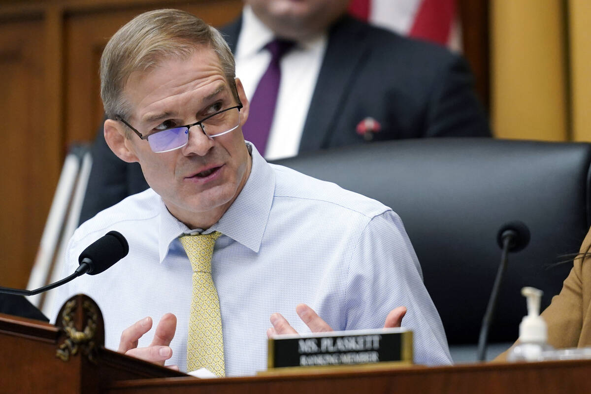 FILE - Chairman Jim Jordan, R-Ohio, left, speaks during a House Judiciary subcommittee hearing ...