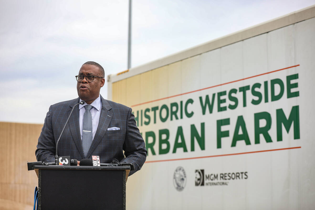 Las Vegas City Councilman Cedric Crear addresses the crowd at a ribbon cutting ceremony for two ...