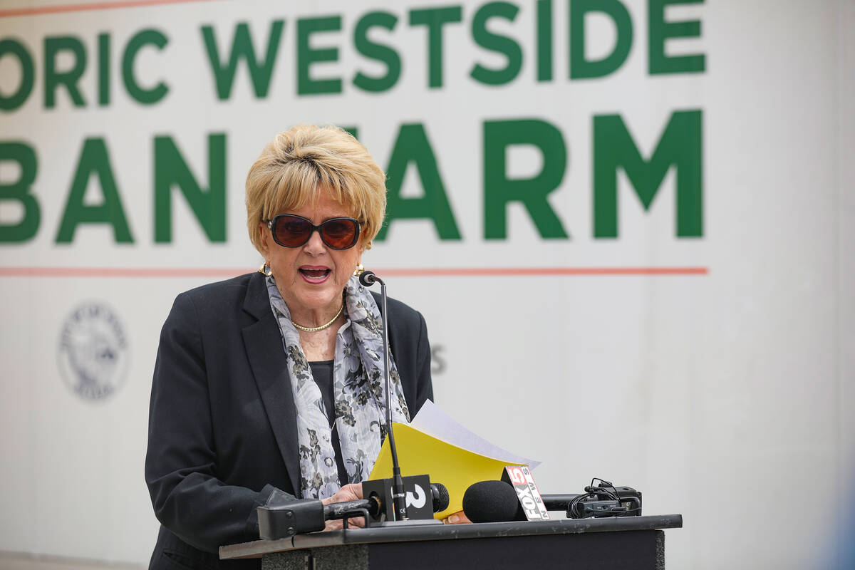 Las Vegas Mayor Carolyn Goodman addresses the crowd at a ribbon cutting ceremony for two urban ...