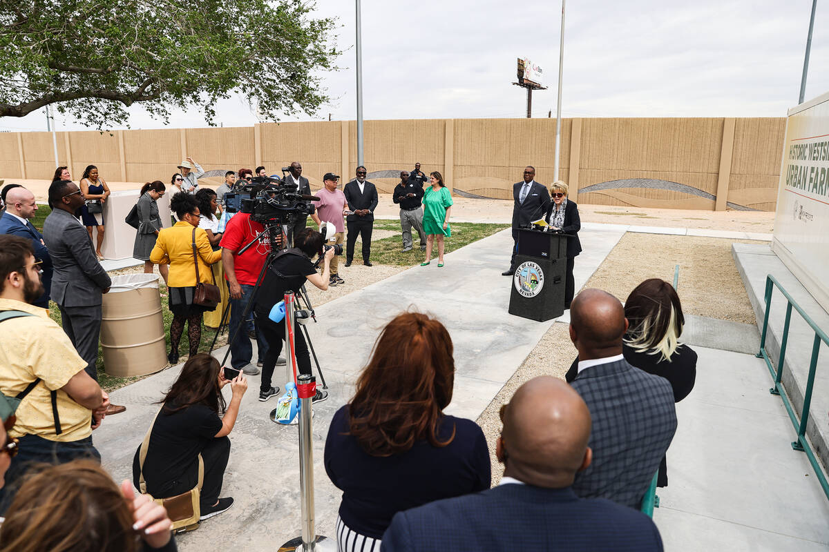 Las Vegas Mayor Carolyn Goodman addresses the crowd at a ribbon cutting ceremony for two urban ...