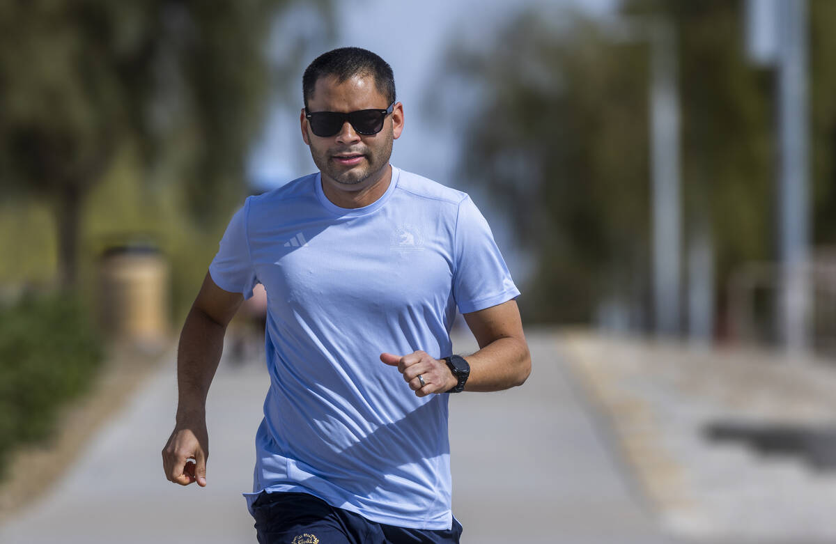 Eddie Saiz, of Henderson, trains for the Boston Marathon at Cornerstone Park on Wednesday, Apri ...