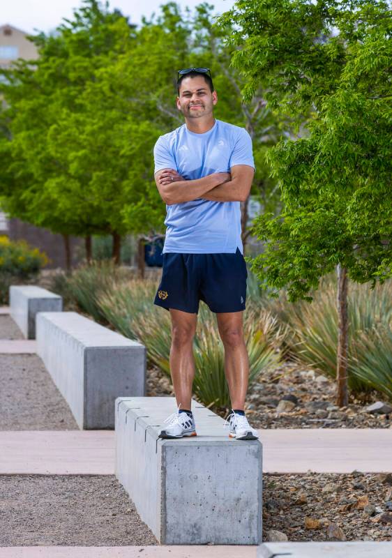 Eddie Saiz, of Henderson, who qualified for the upcoming Boston Marathon, poses for a portrait ...