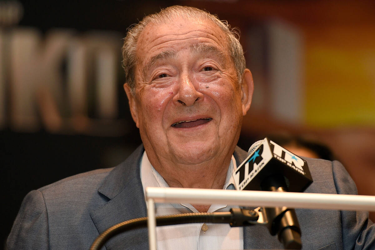 FILE - This is an April 6, 2017, file photo showing boxing promoter Bob Arum speaking at a boxi ...