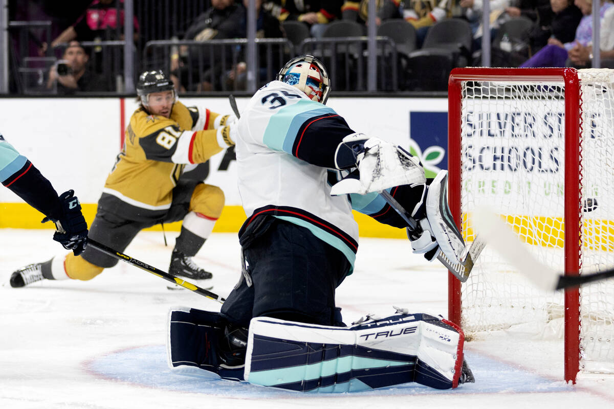 Golden Knights right wing Jonathan Marchessault (81) scores on Seattle Kraken goaltender Joey D ...