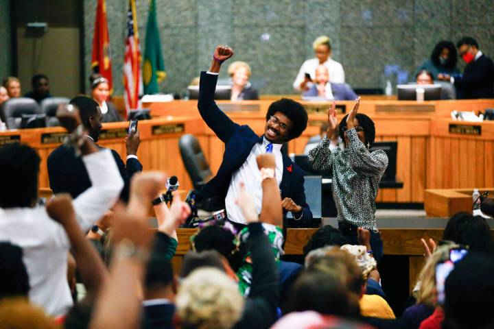 Justin Pearson celebrates with supporters after being reinstated to the Tennessee House of Repr ...