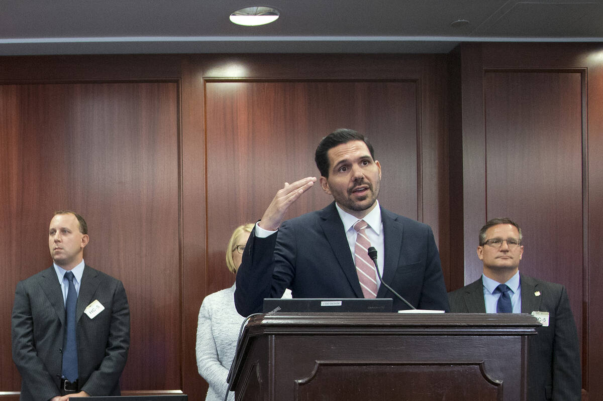 Den Blandino, front right, vice president of officiating for the NFL, answers questions, during ...