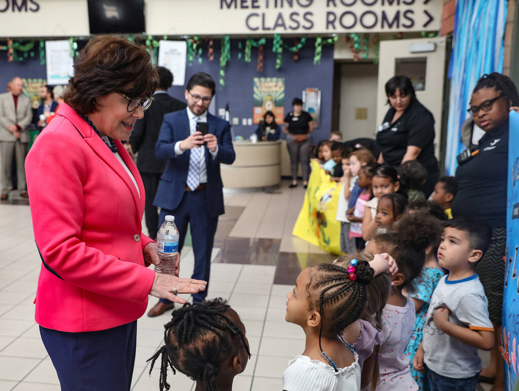 Sen. Jackie Rosen, D-Nev., greets kids at the Durango Hills Community Center at the YMCA in Las ...