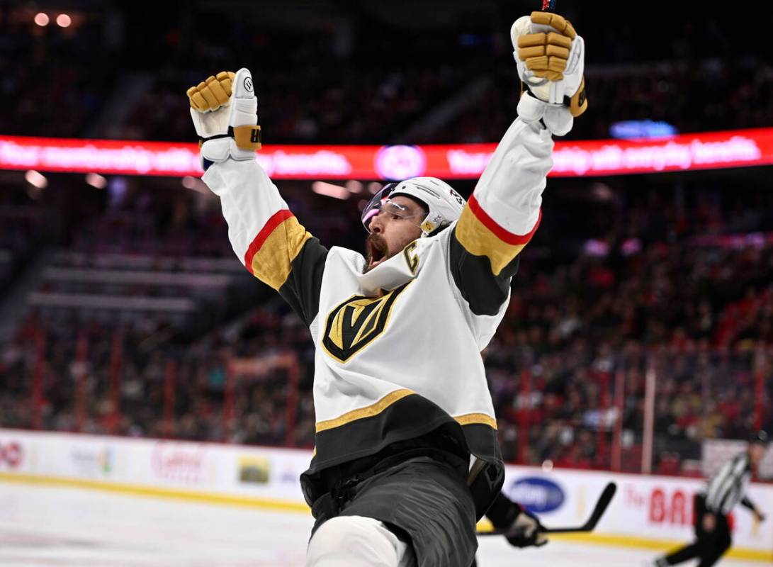 Vegas Golden Knights right wing Mark Stone celebrates his goal against the Ottawa Senators duri ...