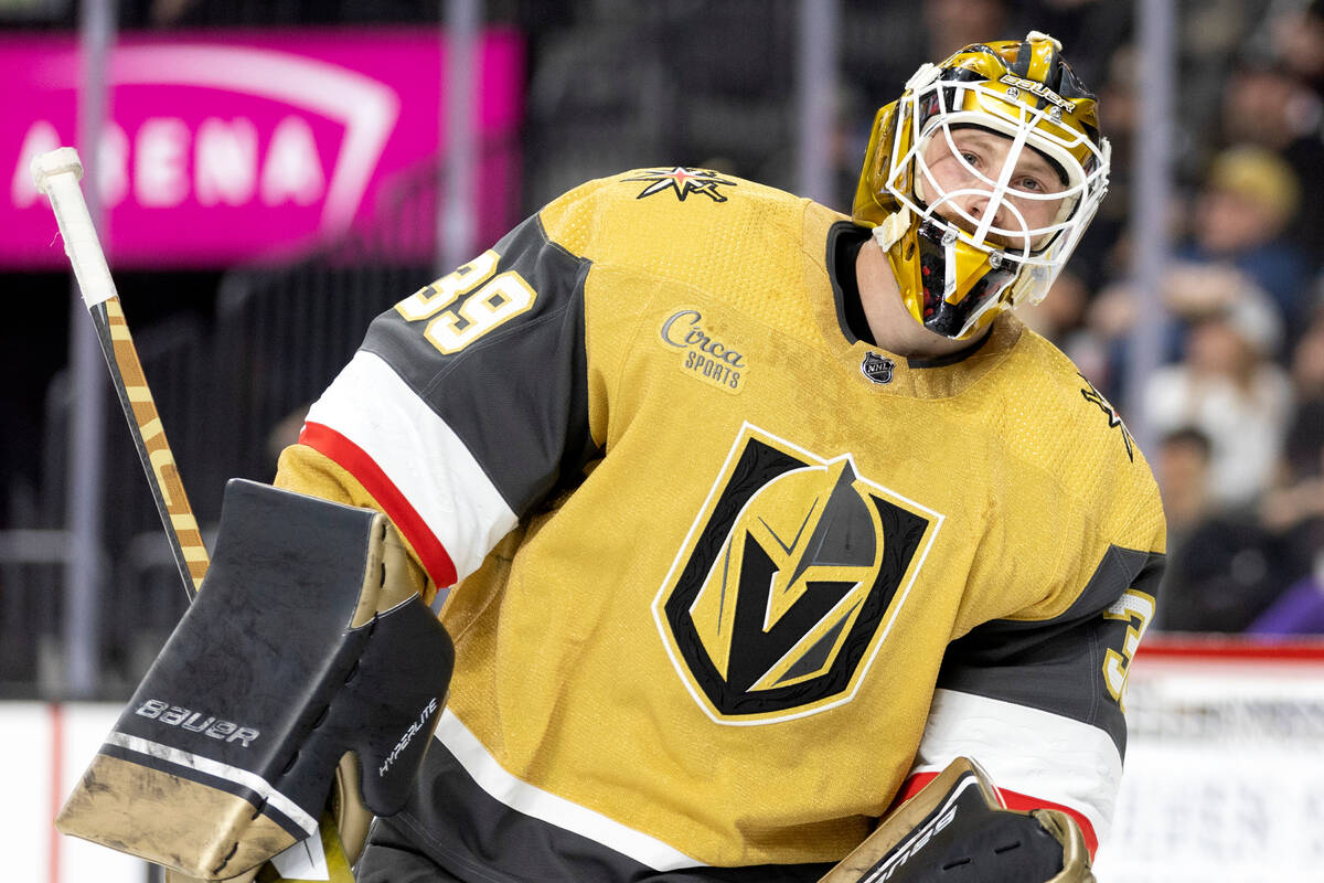 Golden Knights goaltender Laurent Brossoit (39) skates around the net during the second period ...