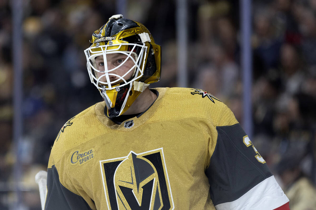 Golden Knights goaltender Laurent Brossoit (39) skates in between play during the second period ...