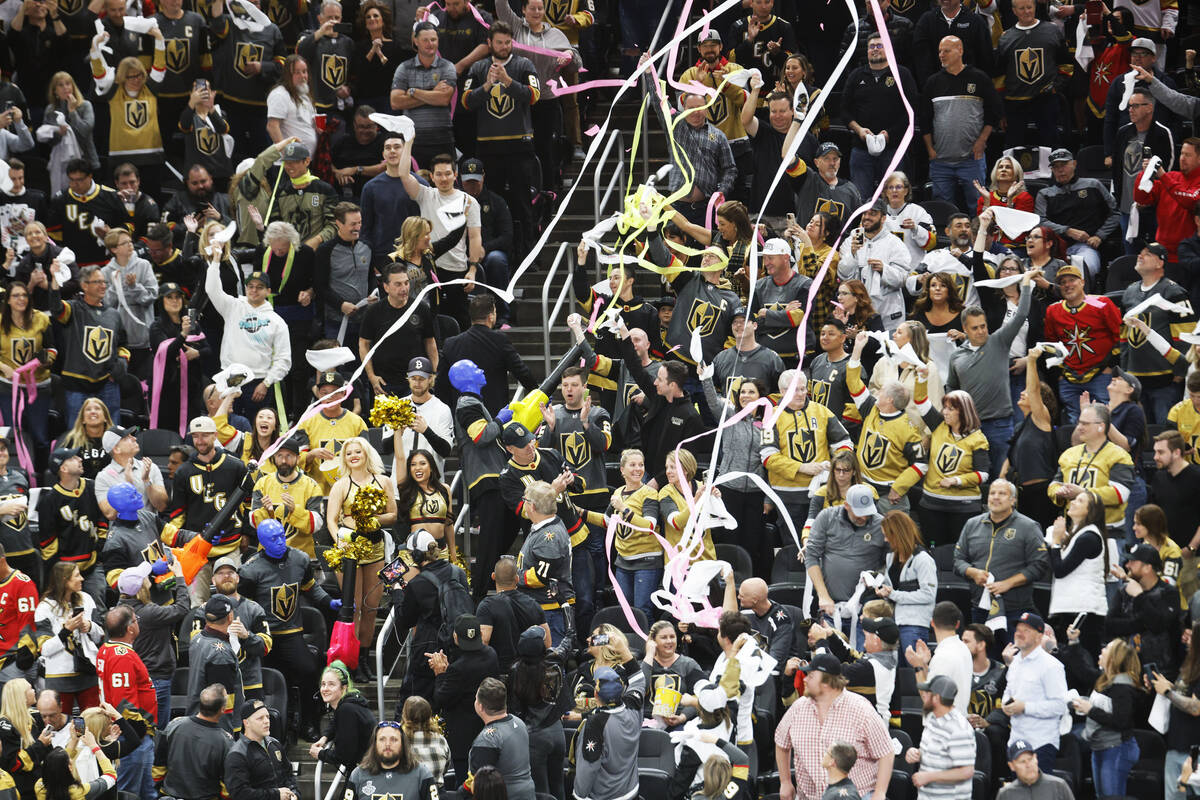 Golden Knights fans cheer during the second period of Game 1 of an NHL hockey Stanley Cup first ...