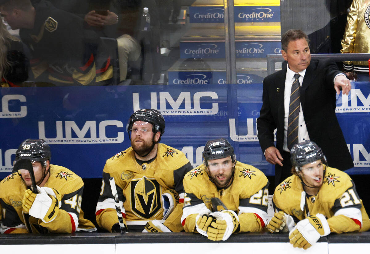 Golden Knights head coach Bruce Cassidy gestures during the third period of Game 1 of an NHL ho ...