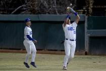 Bishop Gorman’s Easton Shelton (28) catches for an out during a high school baseball cha ...