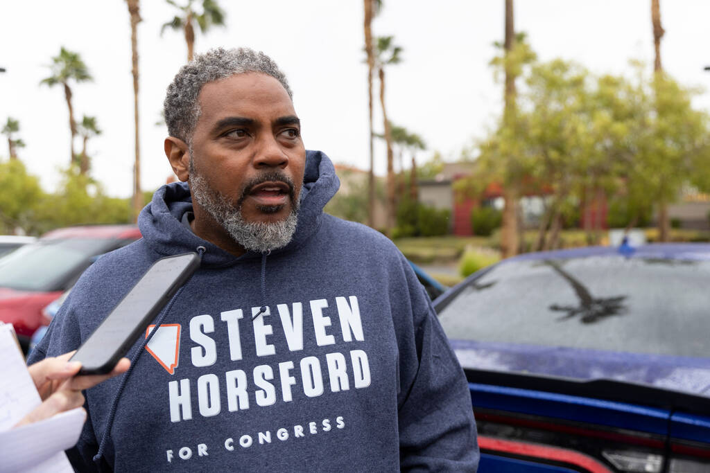 Rep. Steven Horsford, D-Nev., is interviewed while stopping outside of the Centennial Center po ...