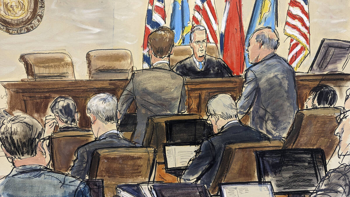 This artist sketch depicts Dominion Voting Systems attorney Justin Nelson, standing left, and F ...